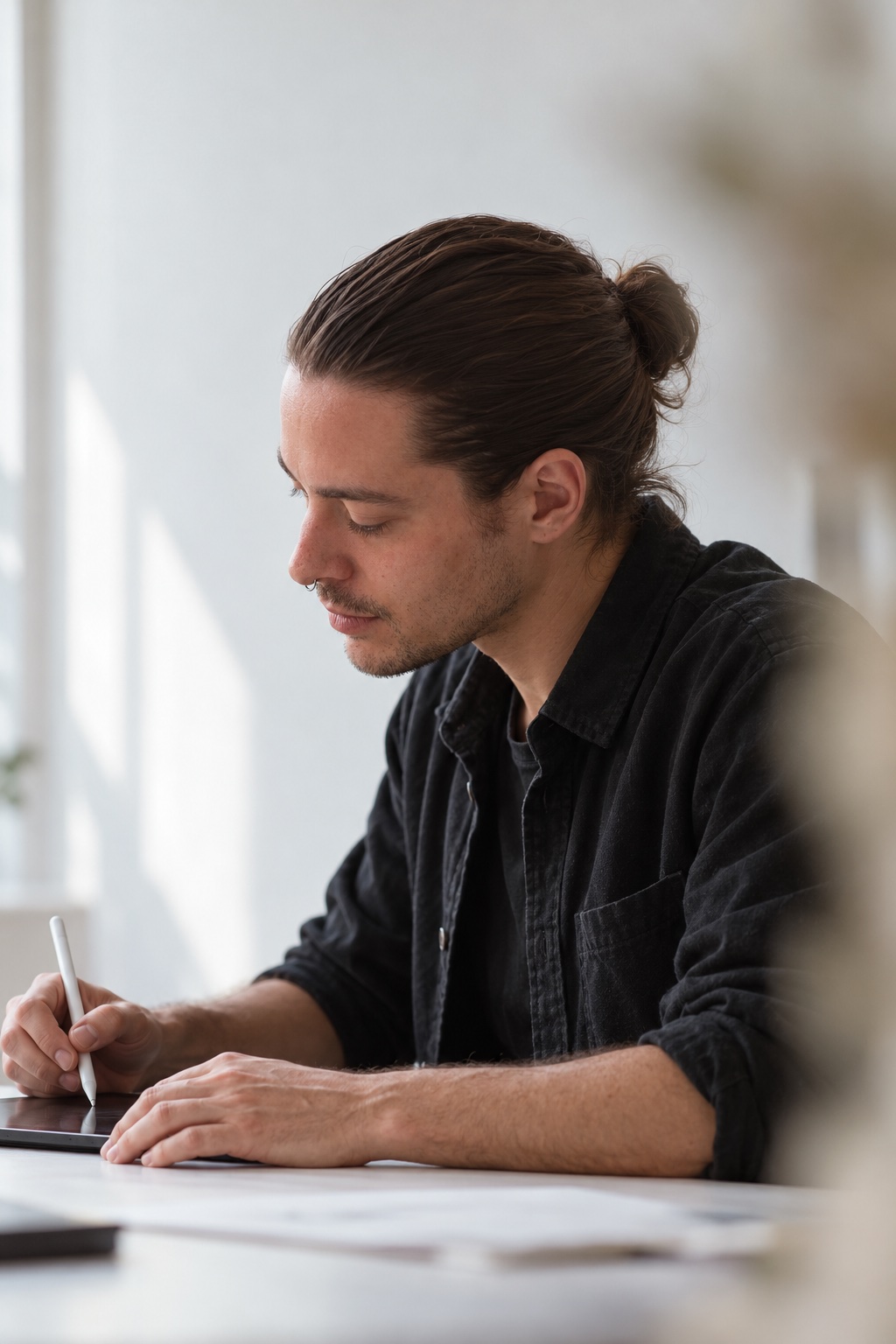 Dima Dart working on a tablet by a window